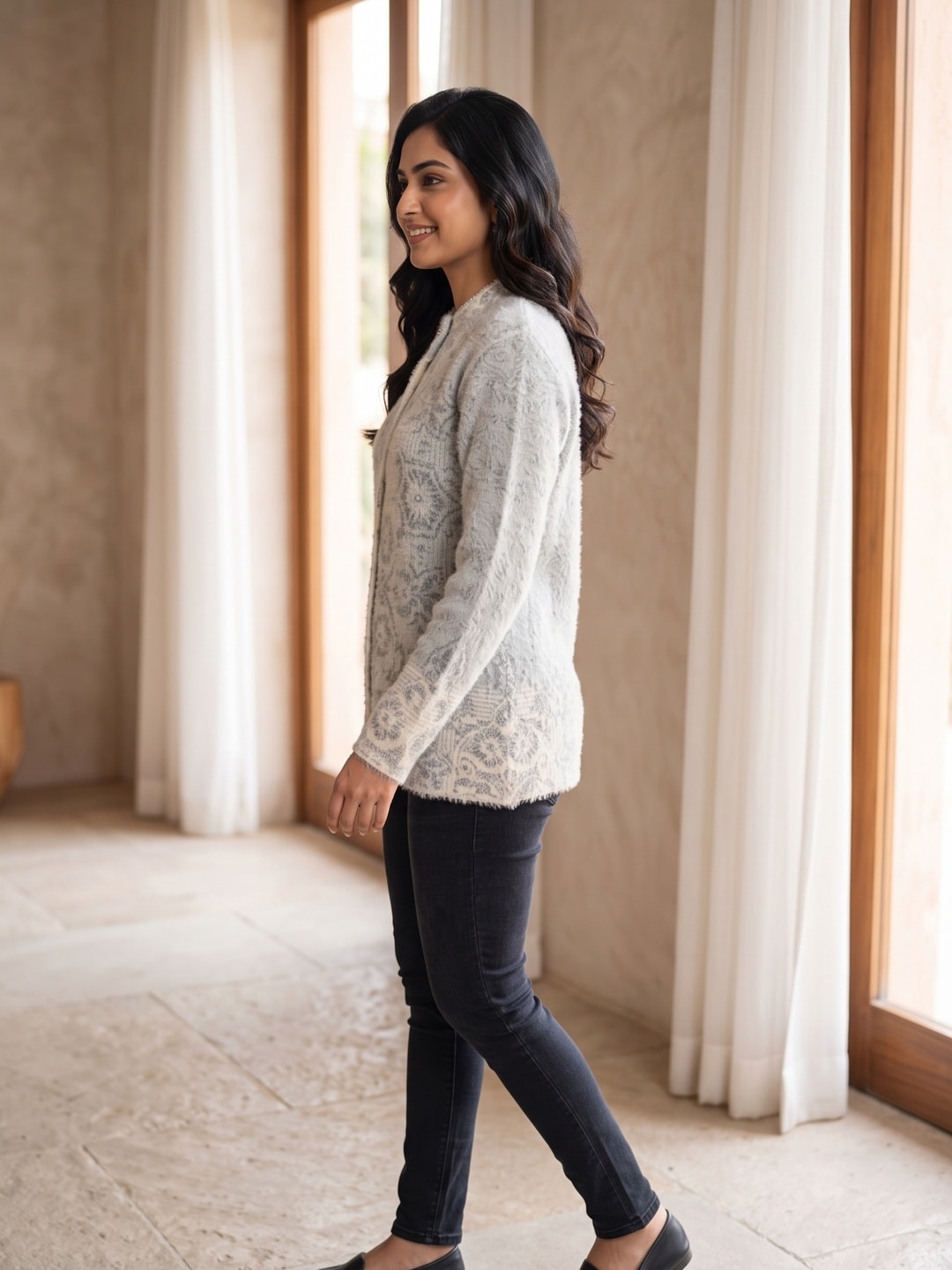 Peachmode Grey Floral Lace Jacquard Woolen Cardigan - Image 3