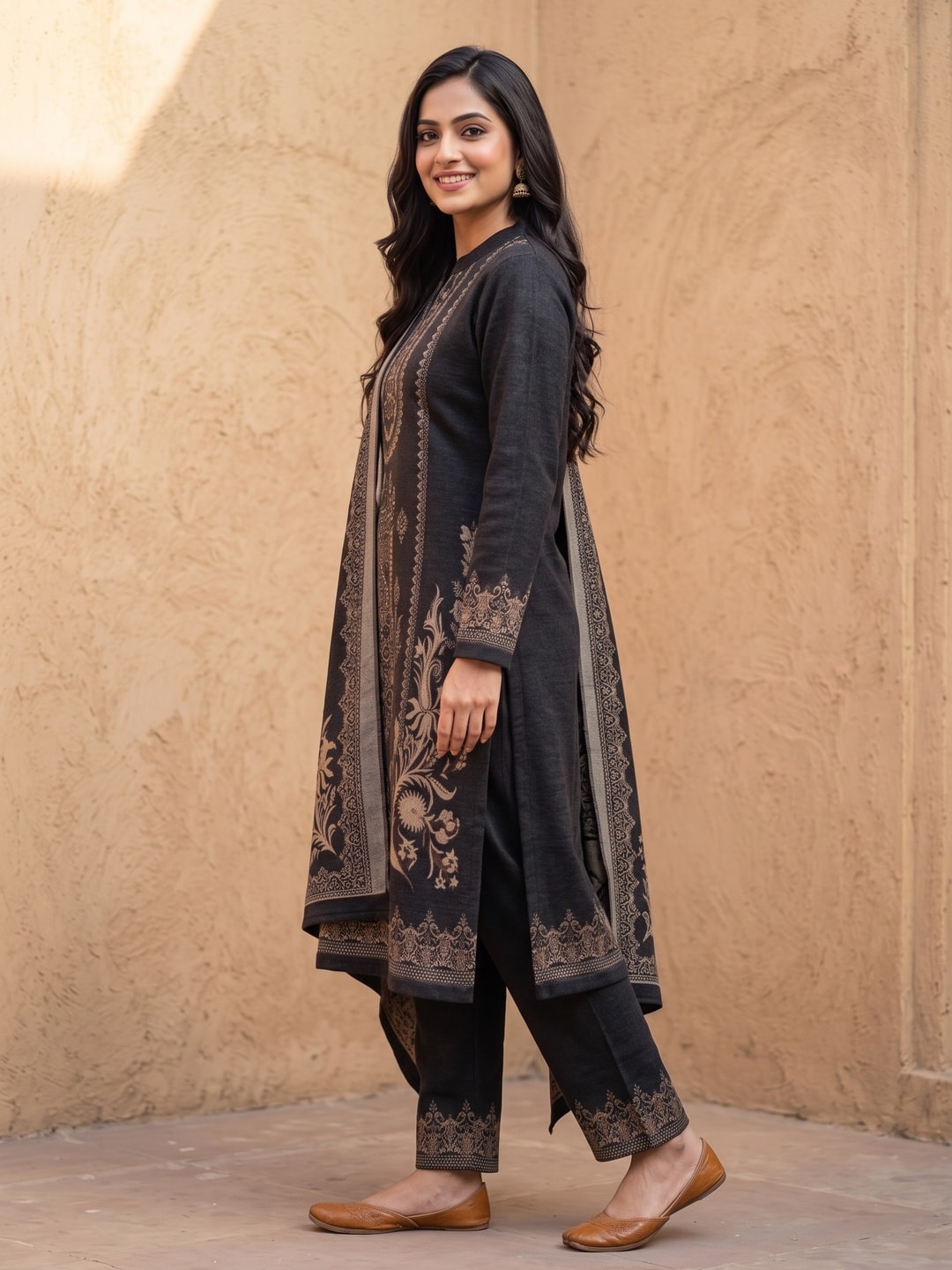 Peachmode Black Printed Woolen Salwar Suit With Stole - Image 3