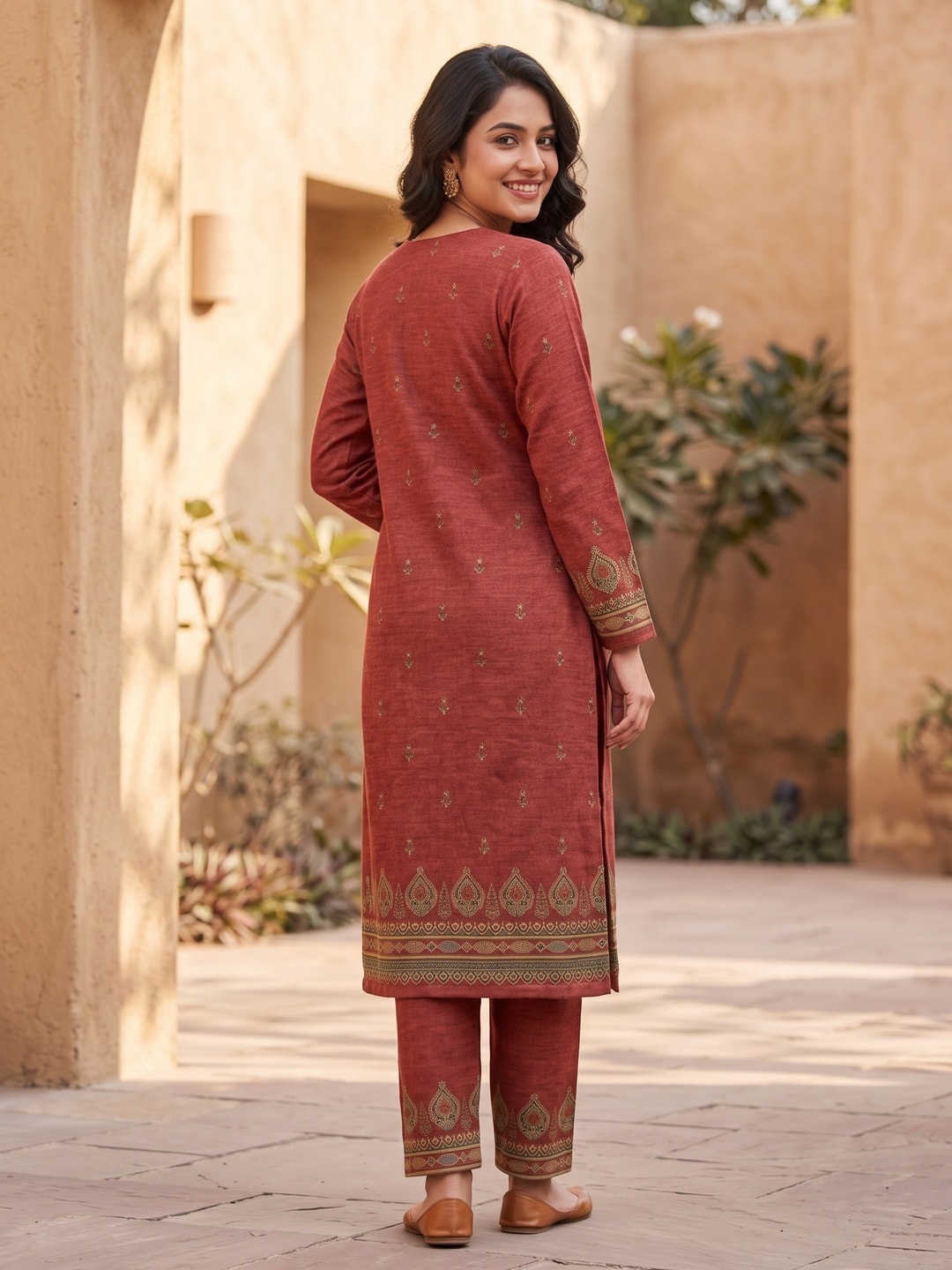 Peachmode Brick Red Printed Woolen Salwar Suit With Stole - Image 4