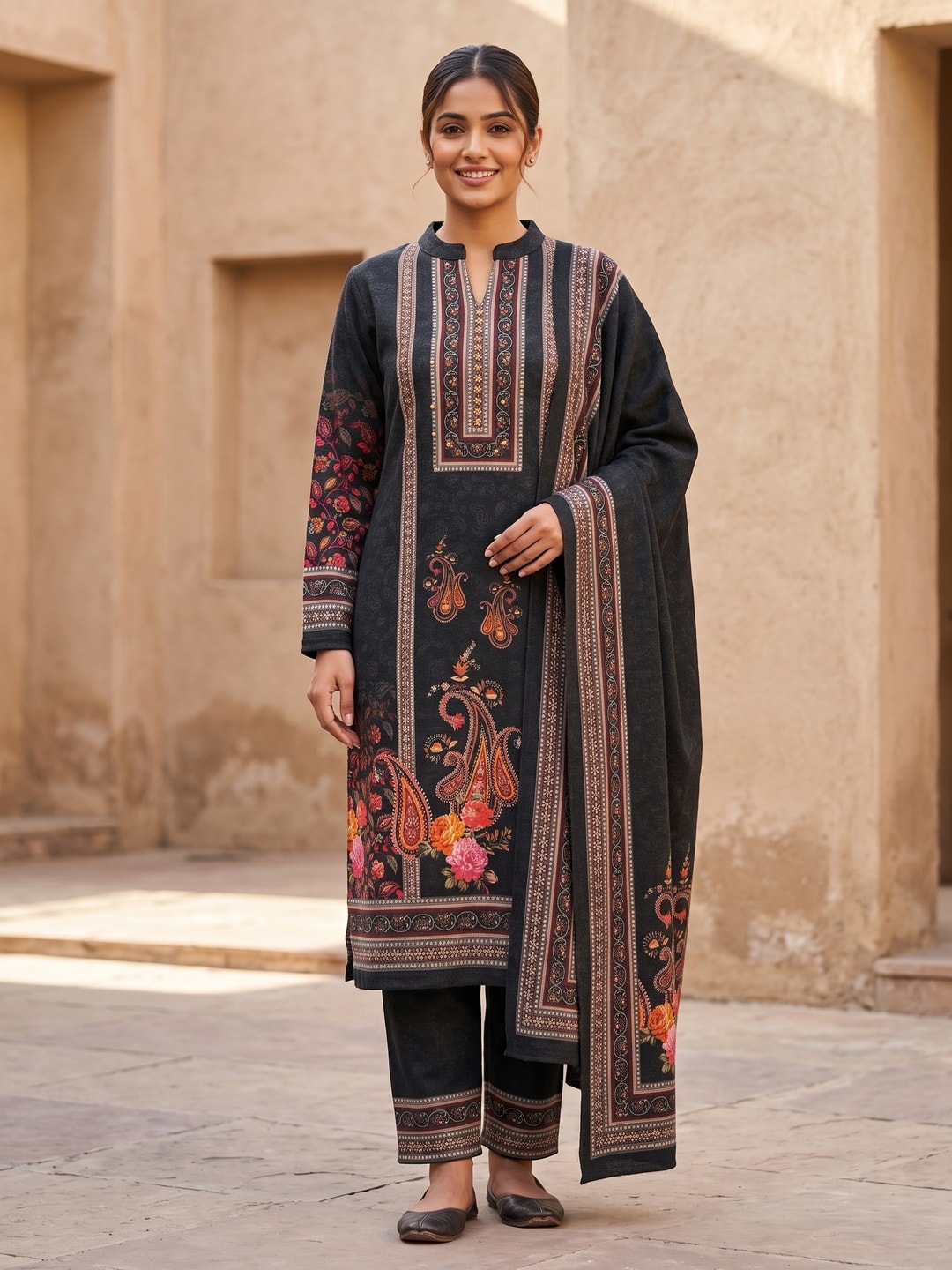 Peachmode Black Printed Woolen Salwar Suit With Stole - Image 1