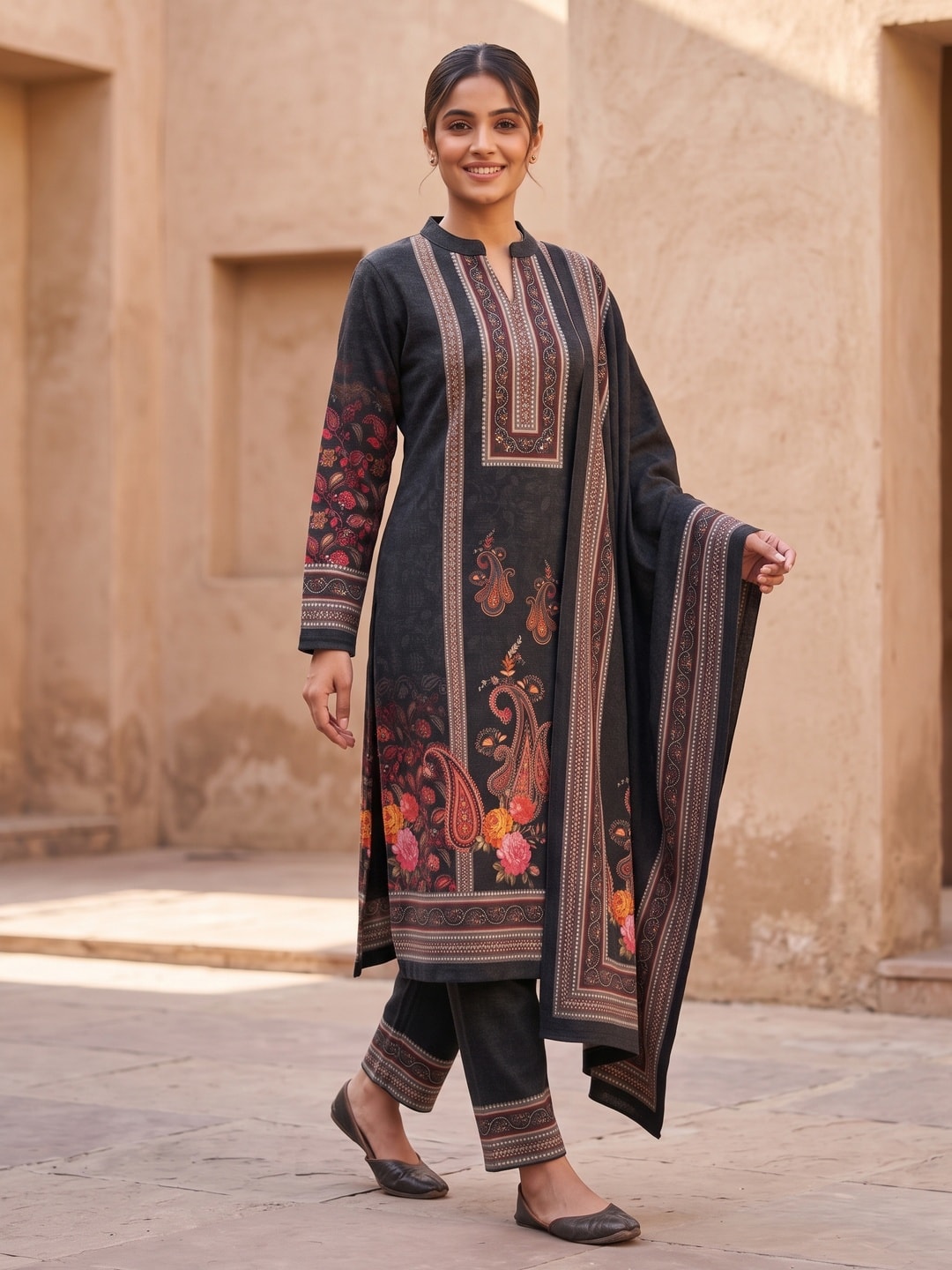 Peachmode Black Printed Woolen Salwar Suit With Stole - Image 2