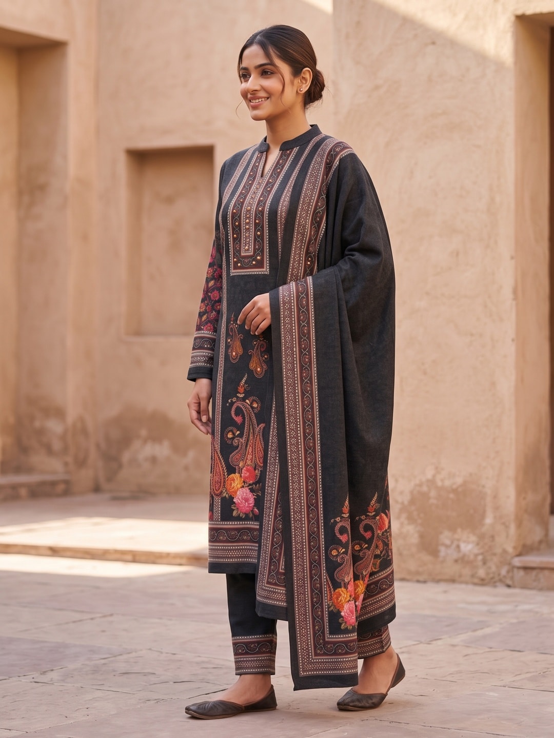 Peachmode Black Printed Woolen Salwar Suit With Stole - Image 3