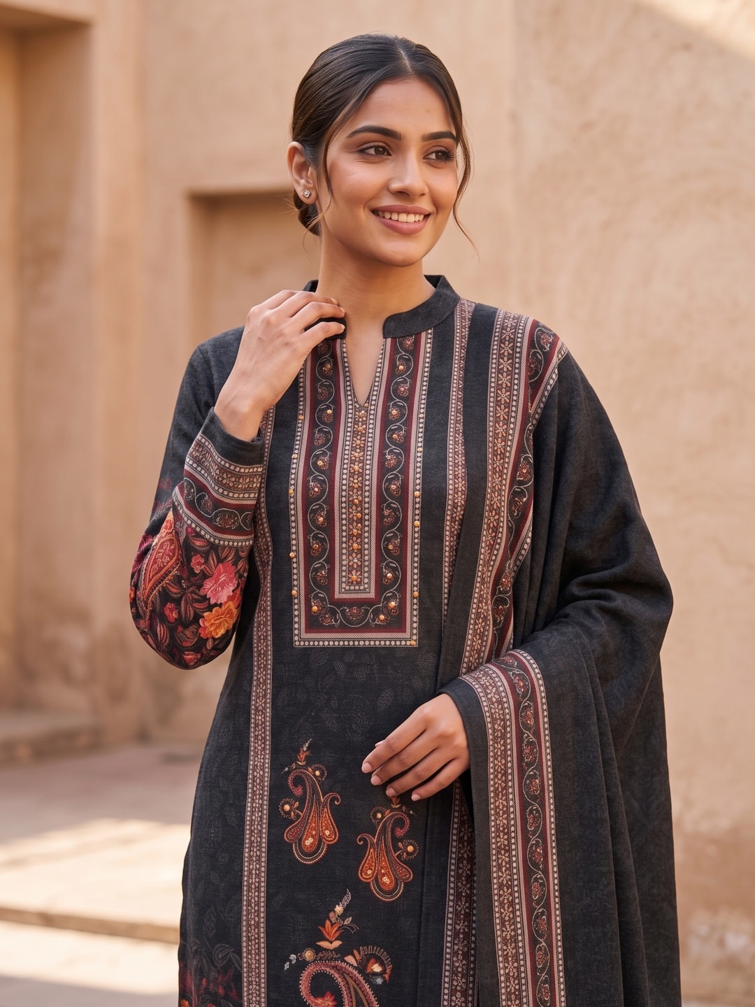 Peachmode Black Printed Woolen Salwar Suit With Stole - Image 4