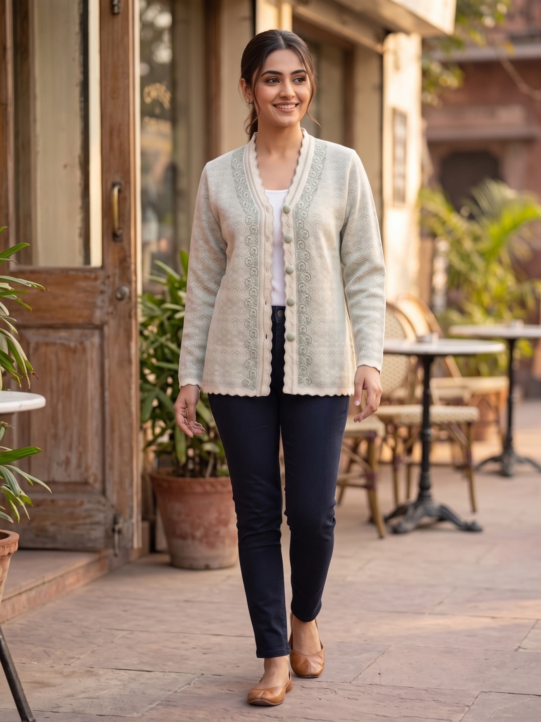 Grey Geometric Woolen Cardigan - Image 2