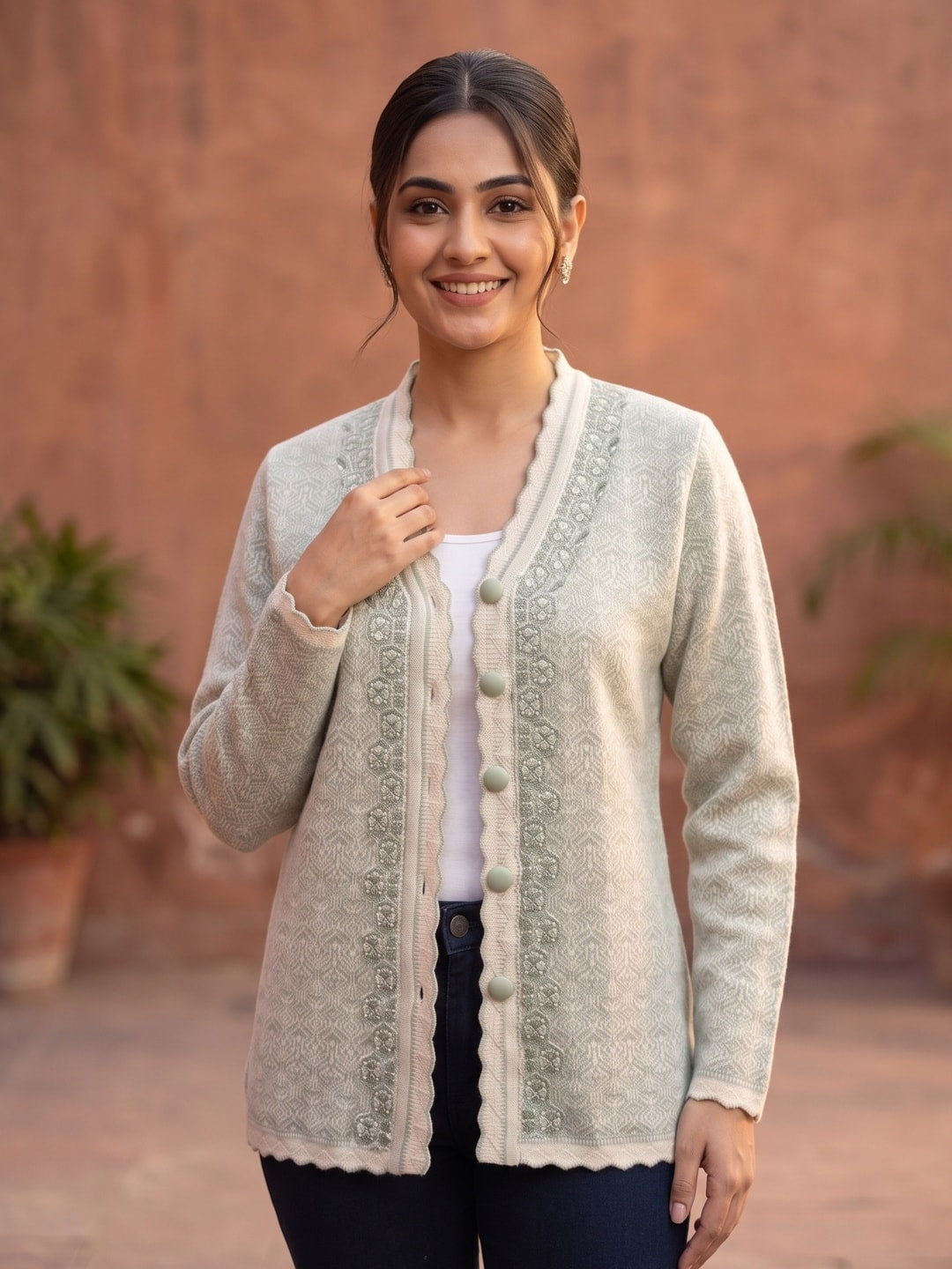 Grey Geometric Woolen Cardigan - Image 5