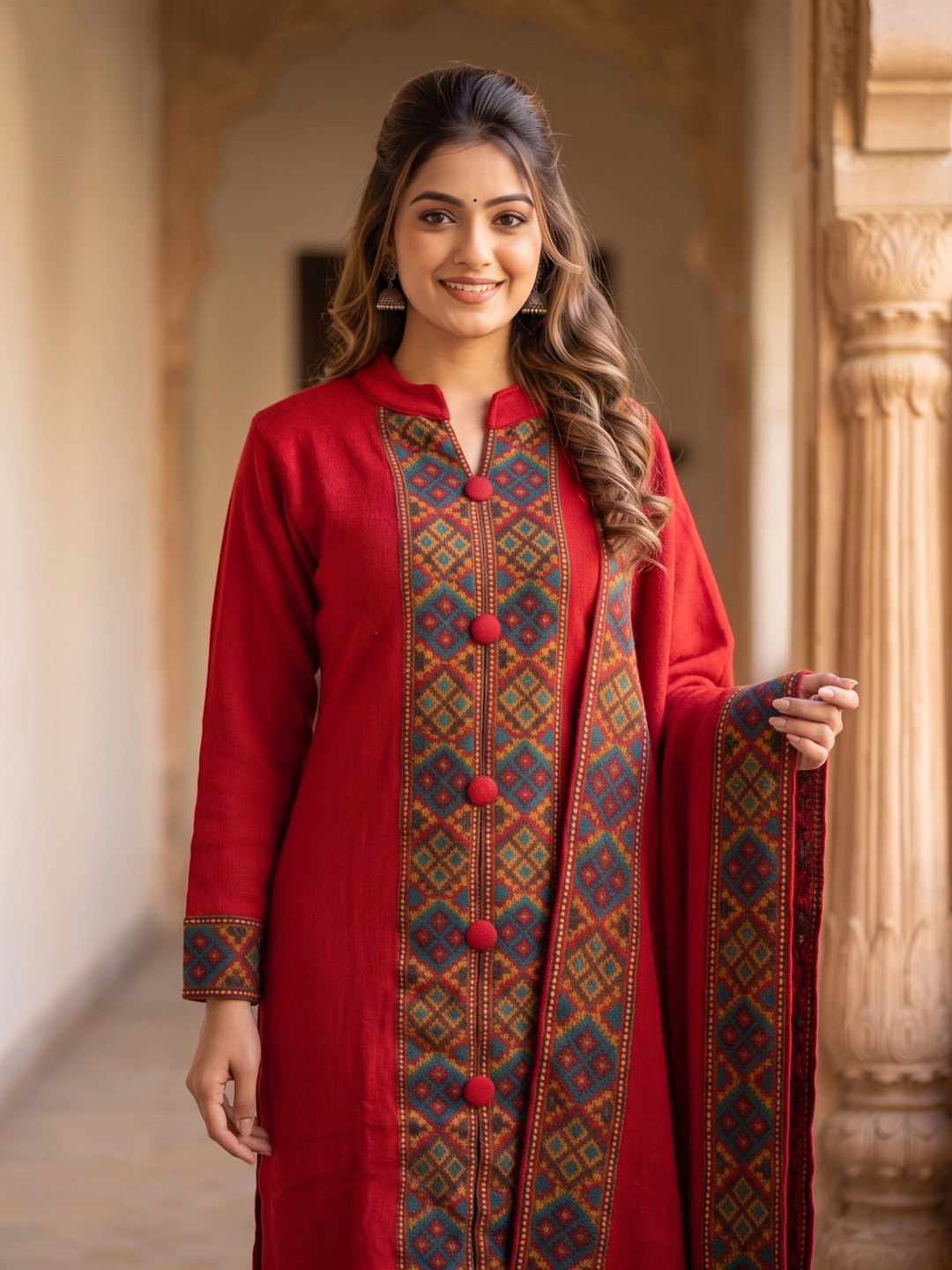 Peachmode Red Woolen Salwar Suit With Woven Border - Image 5