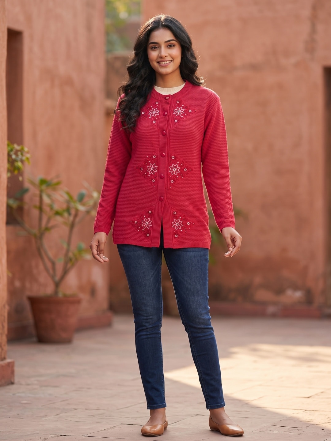 Peachmode Red Sequin Embroidered Woolen Cardigan - Image 1