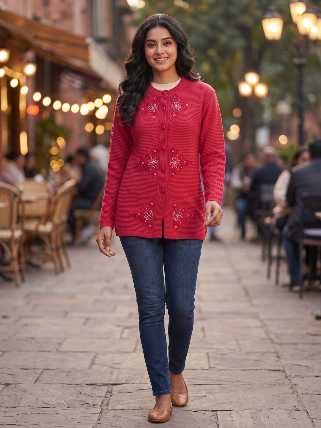 Peachmode Red Sequin Embroidered Woolen Cardigan - Image 2