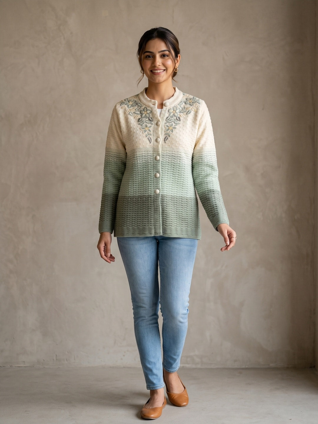 Cream Sage Color Block Woolen Cardigan - Image 1