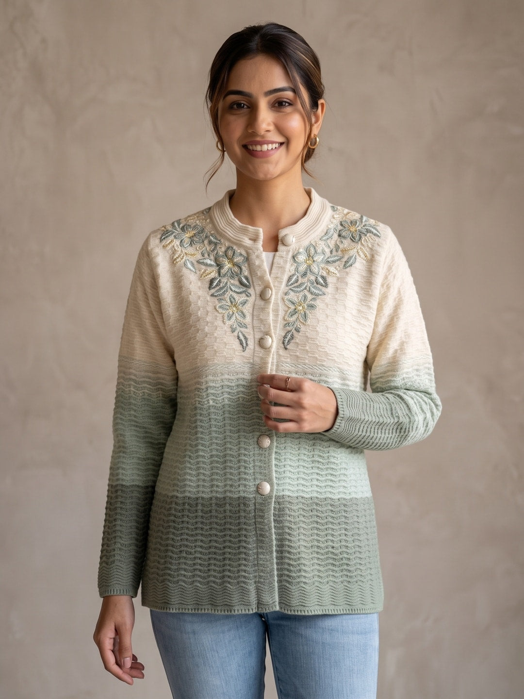 Cream Sage Color Block Woolen Cardigan - Image 5