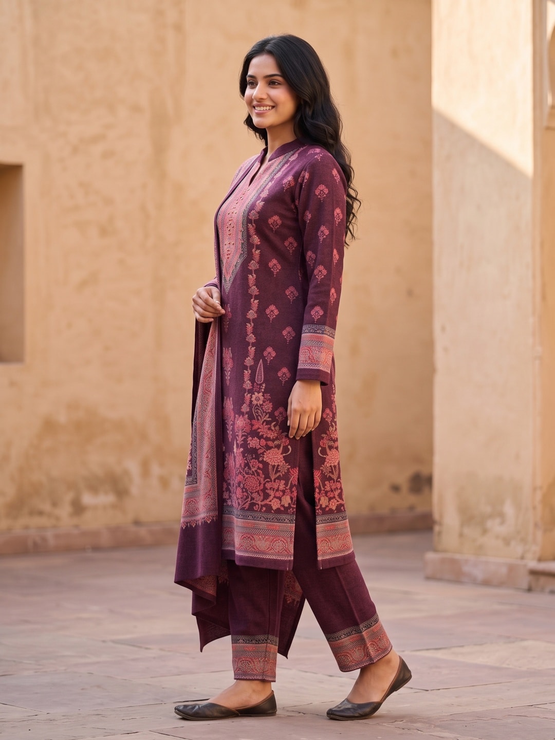 Peachmode Wine Printed Woolen Salwar Suit With Stole - Image 2