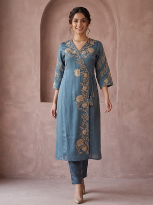 Turquoise Festive Viscose Blend Angrakha Set with Rich Thread Embroidery on Top and Bottom Pants - Image 1
