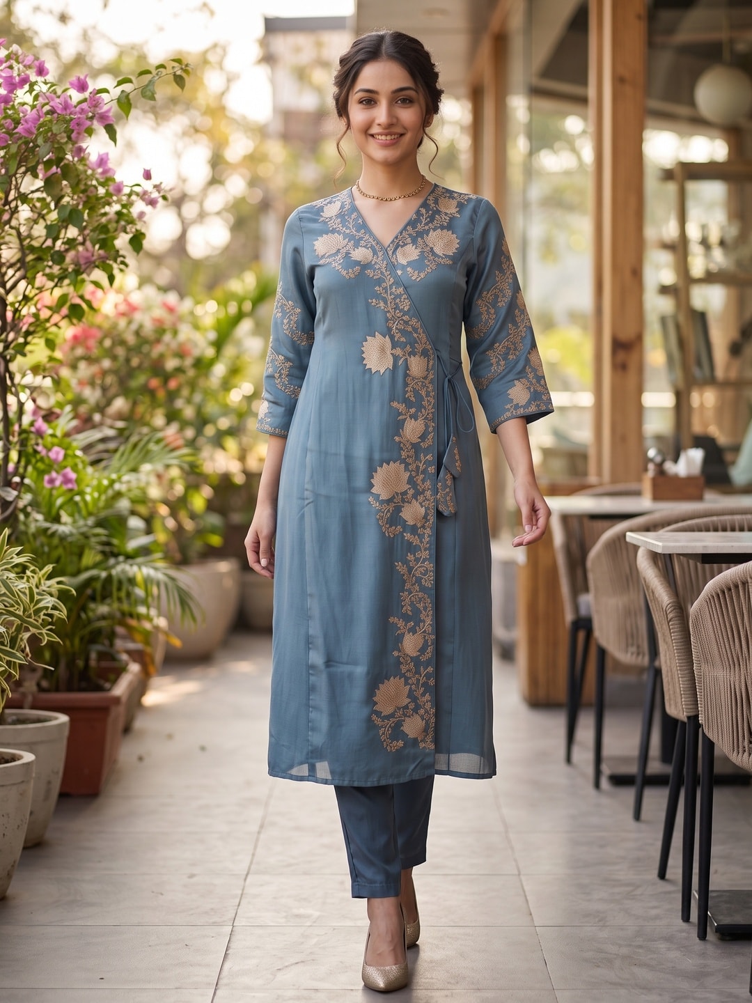 Turquoise Festive Viscose Blend Angrakha Set with Rich Thread Embroidery on Top and Bottom Pants - Image 2