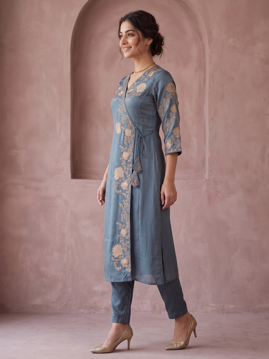 Turquoise Festive Viscose Blend Angrakha Set with Rich Thread Embroidery on Top and Bottom Pants - Image 3