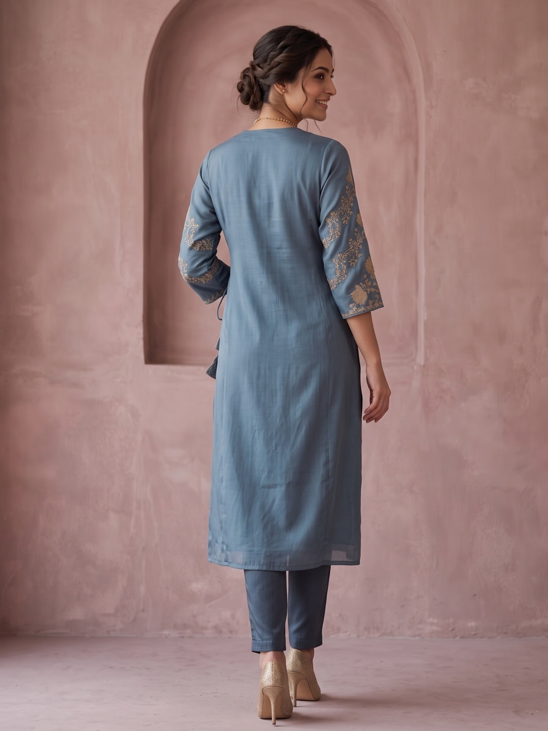 Turquoise Festive Viscose Blend Angrakha Set with Rich Thread Embroidery on Top and Bottom Pants - Image 4