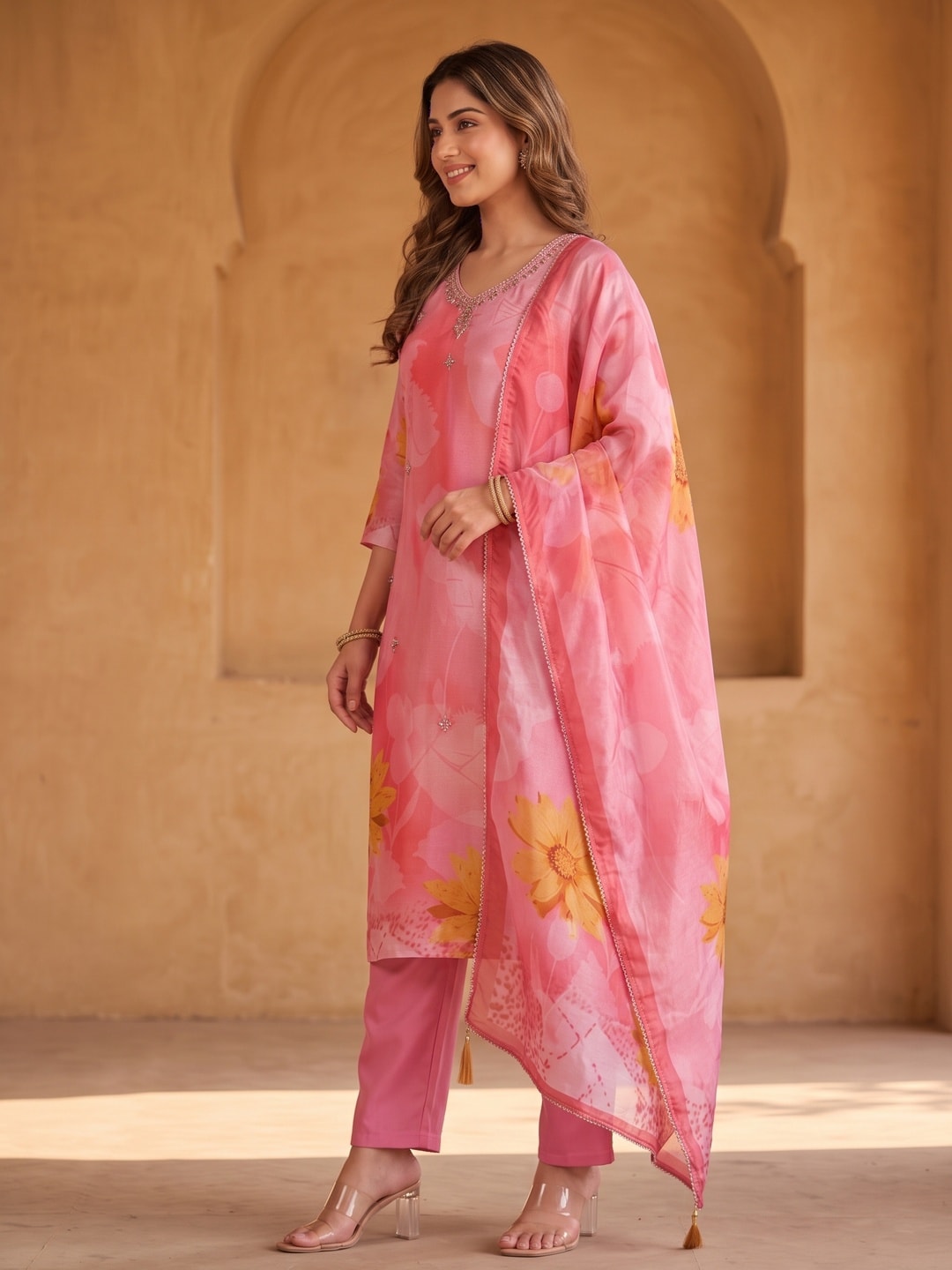 Bright Peach Organza Straight Suit Enhanced with Detailed Embroidery in Stones and Beads - Image 2