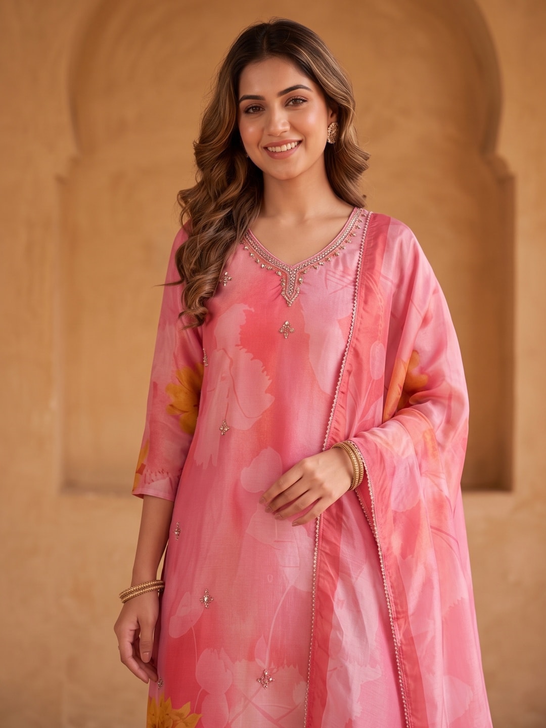 Bright Peach Organza Straight Suit Enhanced with Detailed Embroidery in Stones and Beads - Image 4