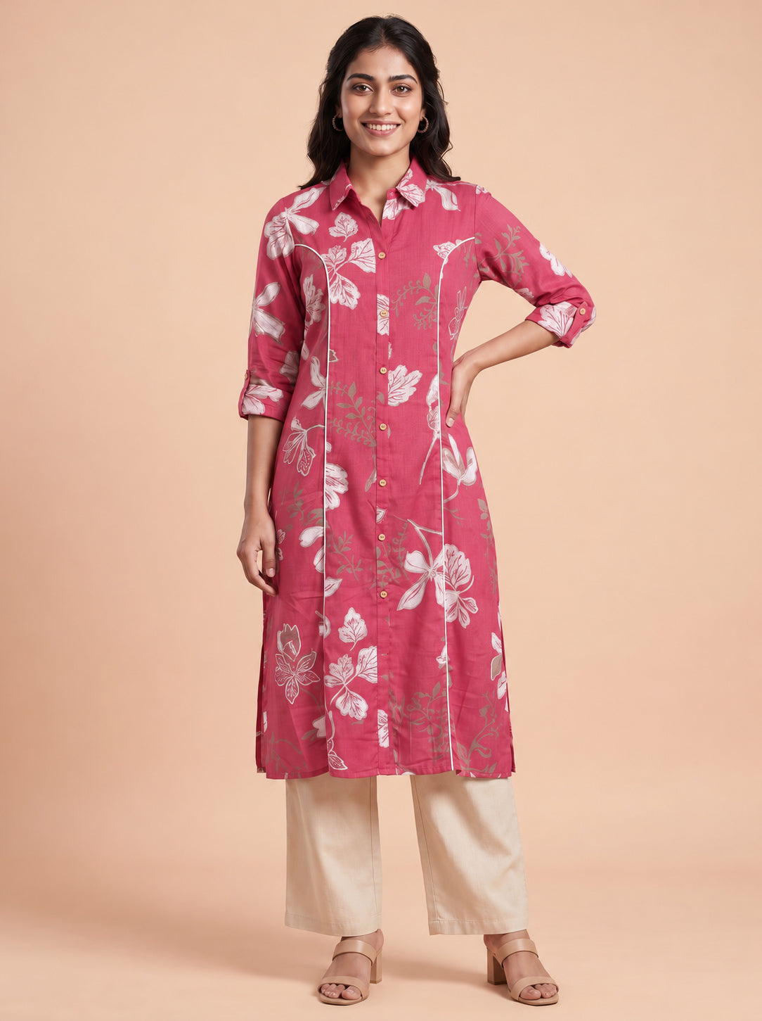 Peachmode Pink Floral Print Viscose Blend Shirt Kurti - Image 1