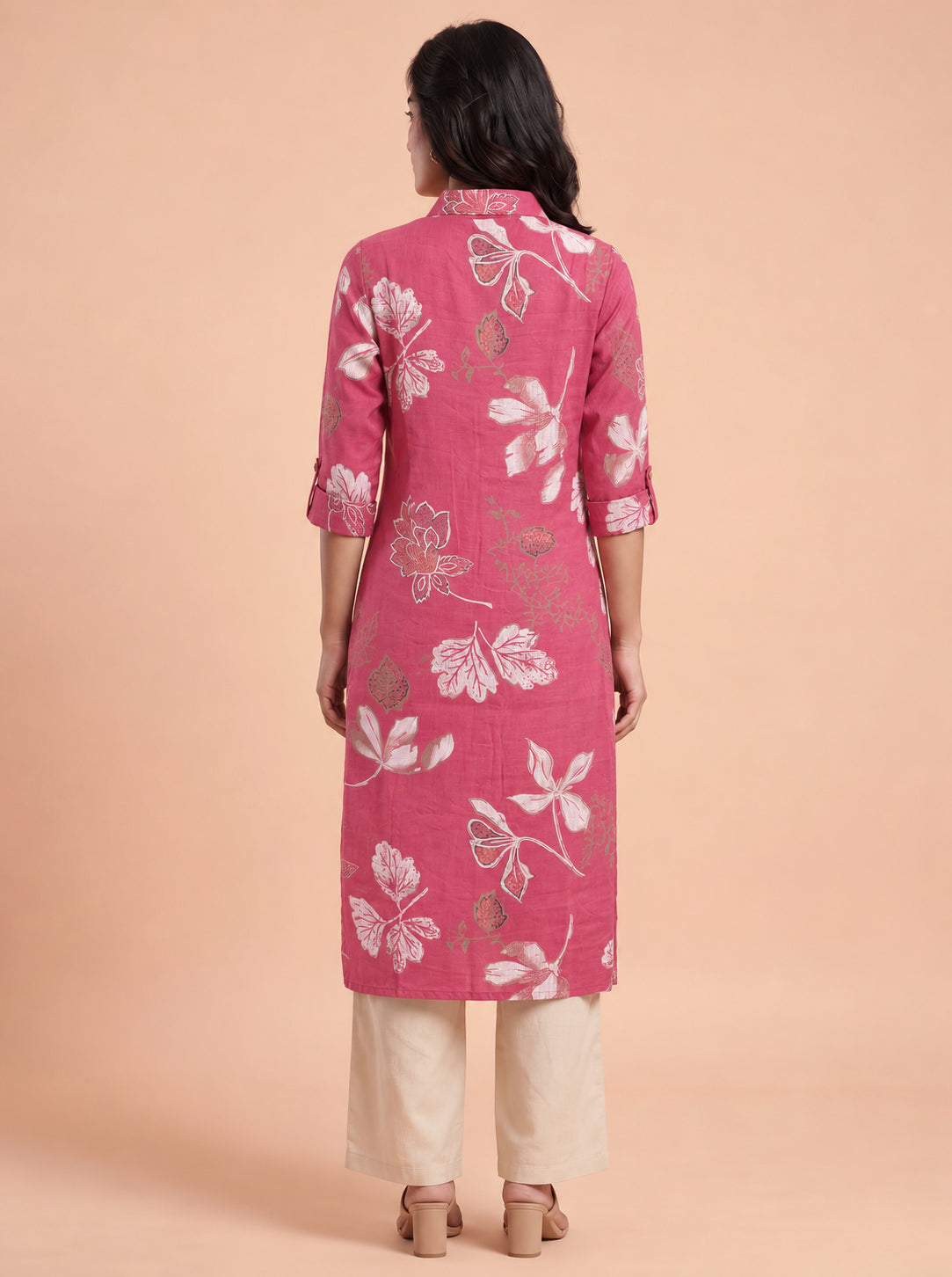 Peachmode Pink Floral Print Viscose Blend Shirt Kurti - Image 3