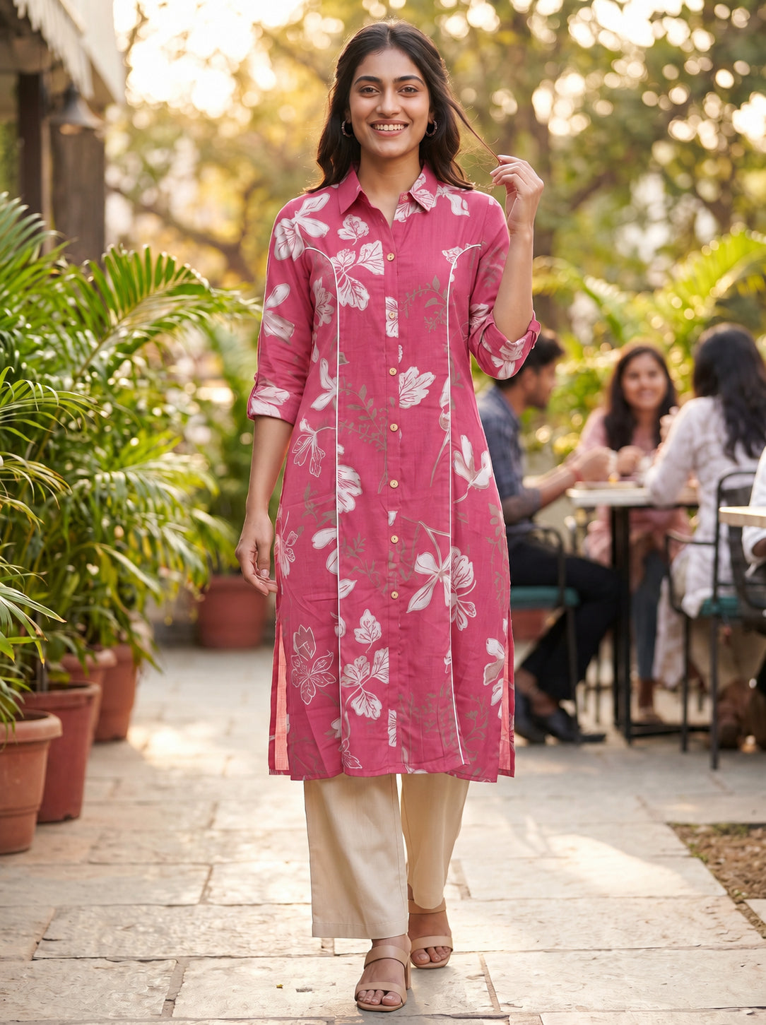 Peachmode Pink Floral Print Viscose Blend Shirt Kurti - Image 5