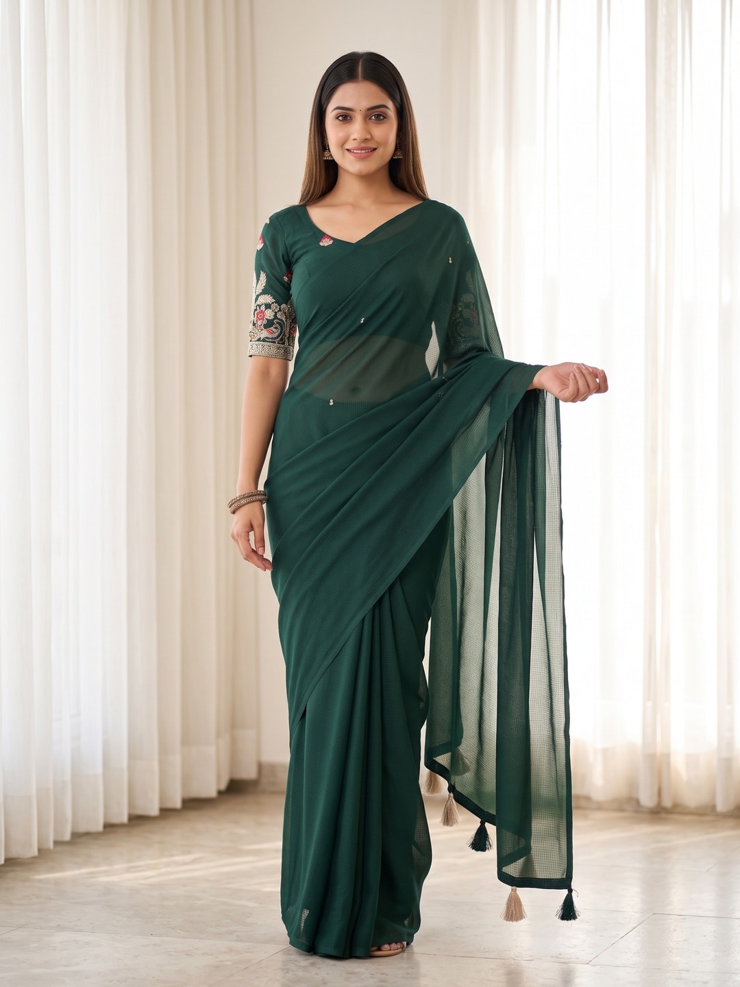 Peachmode Bottle Green Weightless Georgette Saree With Tassels And Heavy Embroidery Blouse - Image 1