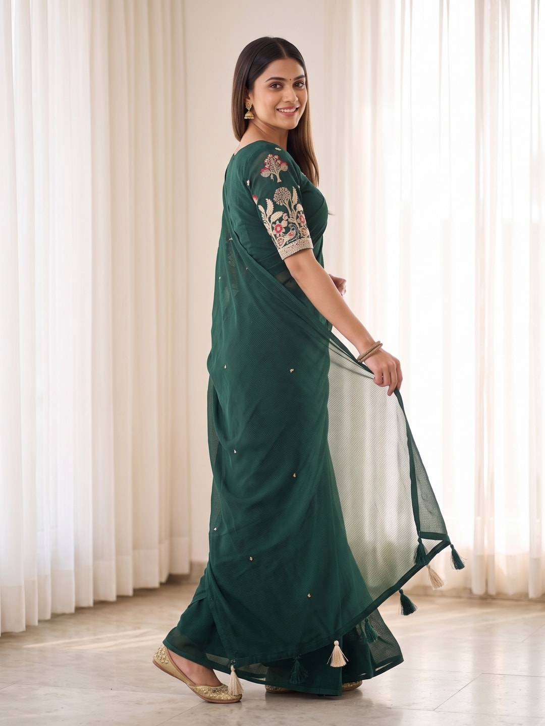 Peachmode Bottle Green Weightless Georgette Saree With Tassels And Heavy Embroidery Blouse - Image 3
