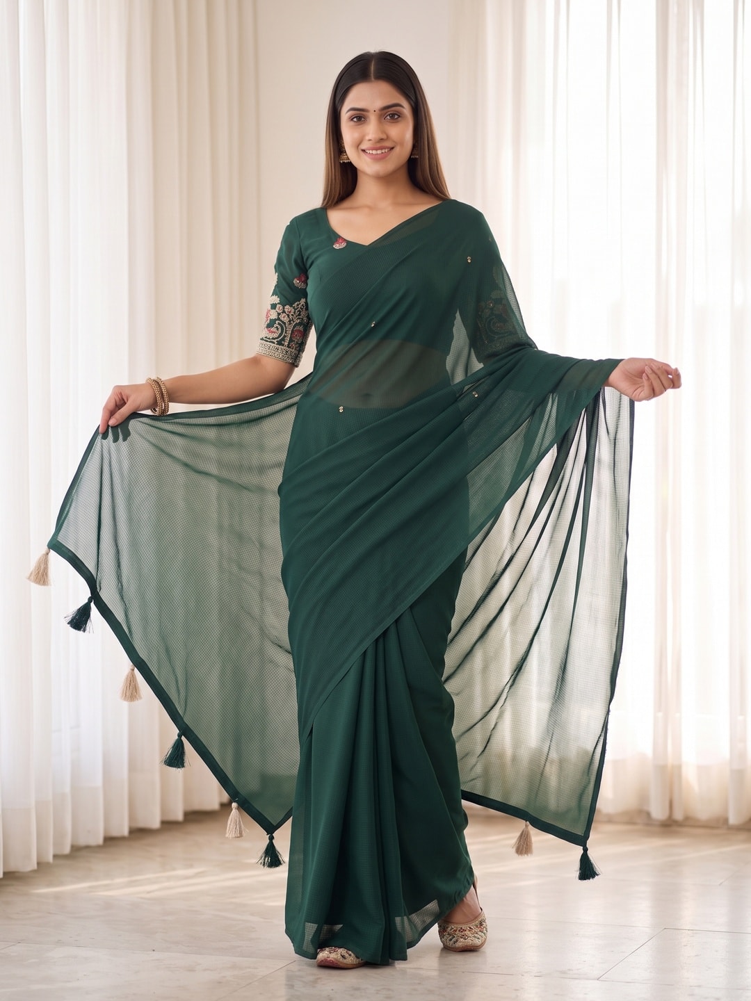 Peachmode Bottle Green Weightless Georgette Saree With Tassels And Heavy Embroidery Blouse - Image 4