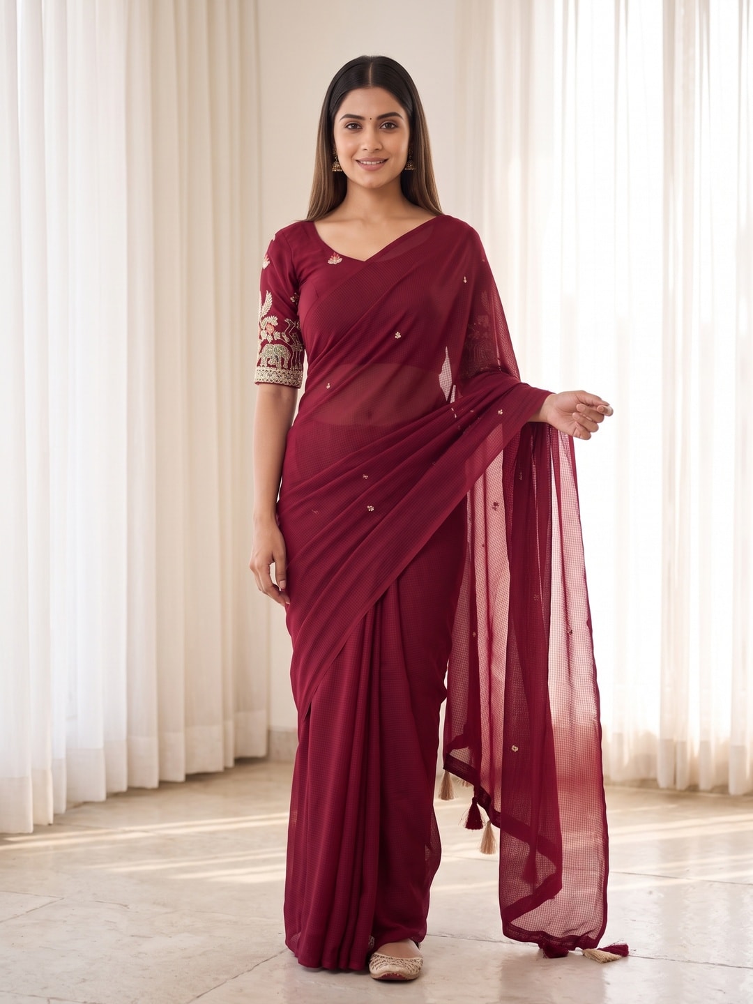 Peachmode Cherry Red Weightless Georgette Saree With Tassels And Heavy Embroidery Blouse - Image 1