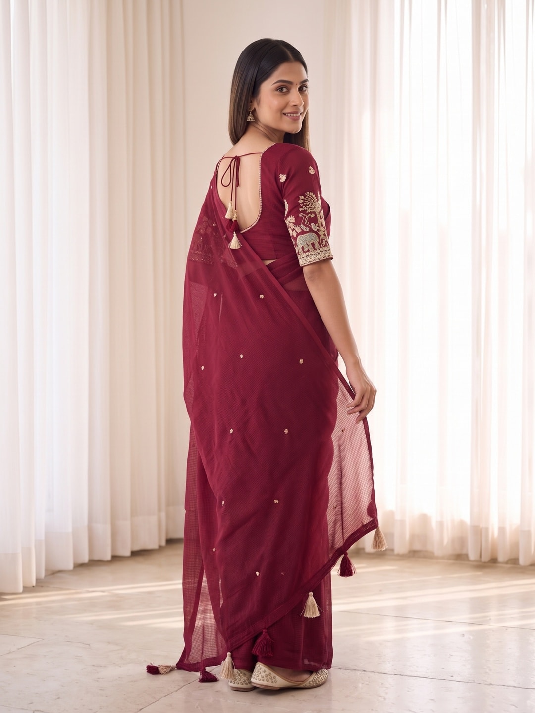 Peachmode Cherry Red Weightless Georgette Saree With Tassels And Heavy Embroidery Blouse - Image 2