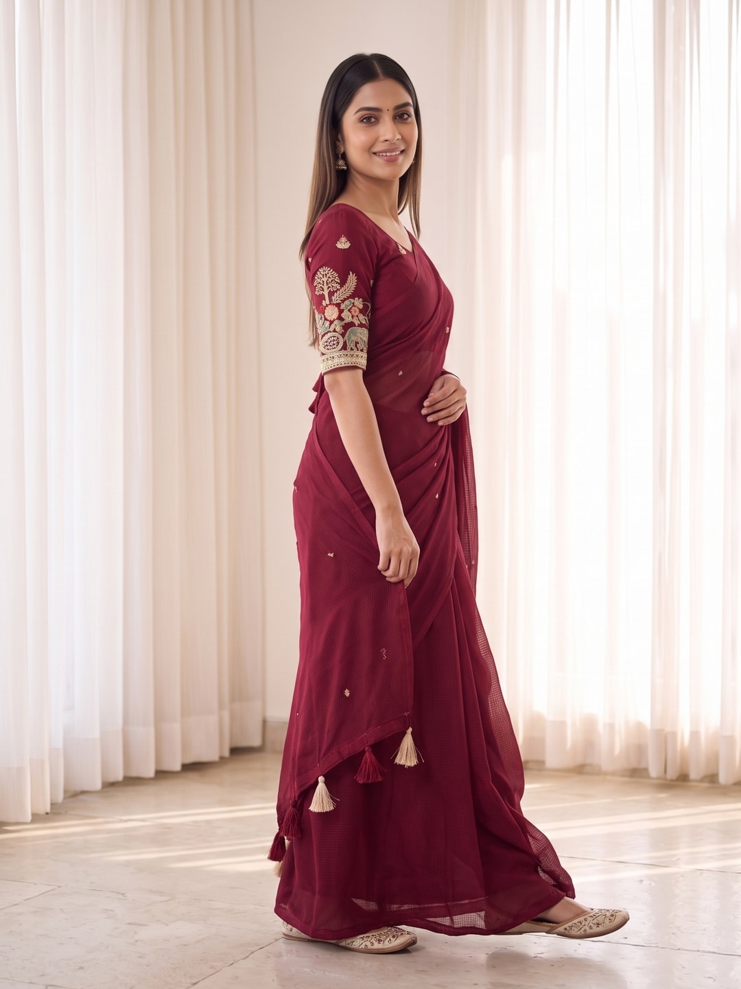 Peachmode Cherry Red Weightless Georgette Saree With Tassels And Heavy Embroidery Blouse - Image 3