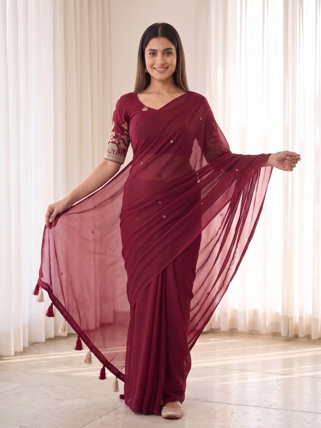 Peachmode Cherry Red Weightless Georgette Saree With Tassels And Heavy Embroidery Blouse - Image 4