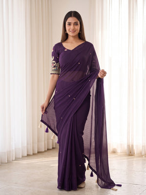 Peachmode Purple Weightless Georgette Saree With Tassels And Heavy Embroidery Blouse - Image 1