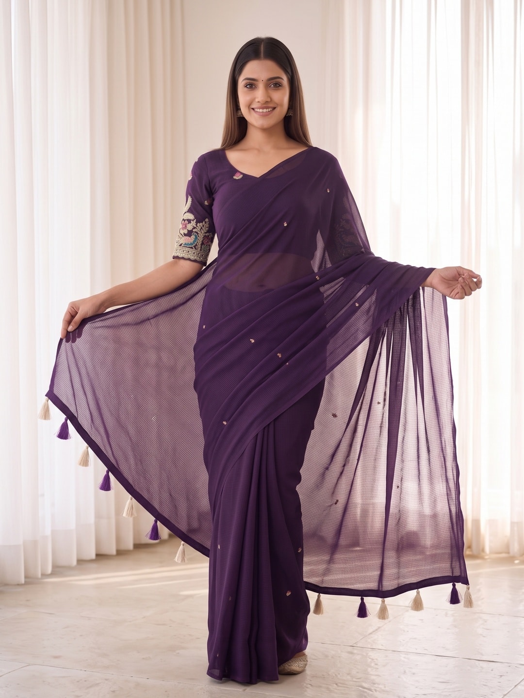 Peachmode Purple Weightless Georgette Saree With Tassels And Heavy Embroidery Blouse - Image 4