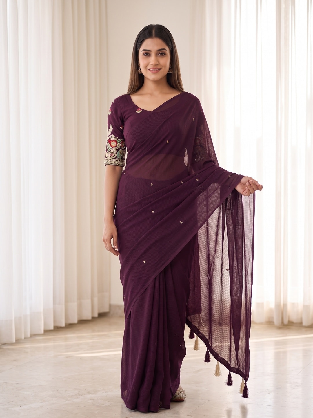 Peachmode Wine Weightless Georgette Saree With Tassels And Heavy Embroidery Blouse - Image 1