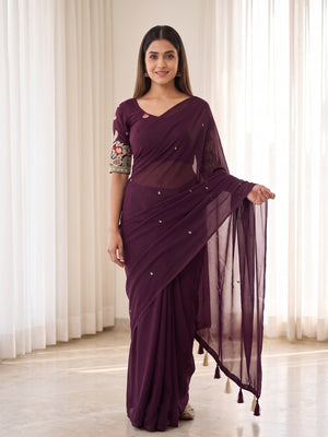 Peachmode Wine Weightless Georgette Saree With Tassels And Heavy Embroidery Blouse - Image 1