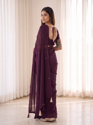 Peachmode Wine Weightless Georgette Saree With Tassels And Heavy Embroidery Blouse - Image 2