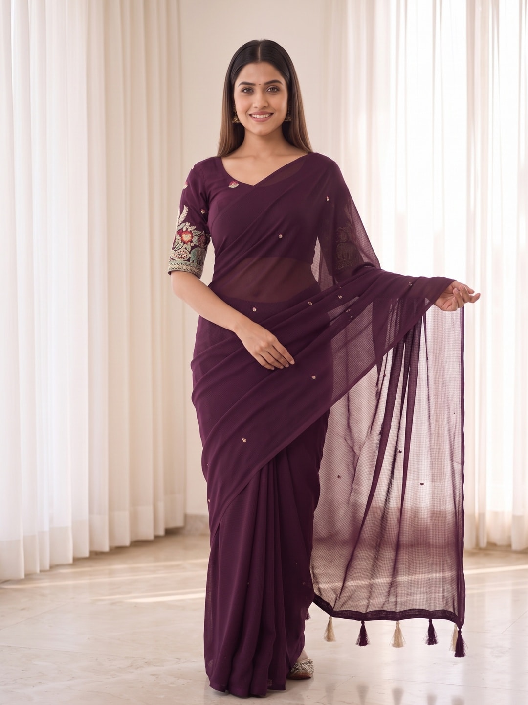 Peachmode Wine Weightless Georgette Saree With Tassels And Heavy Embroidery Blouse - Image 4