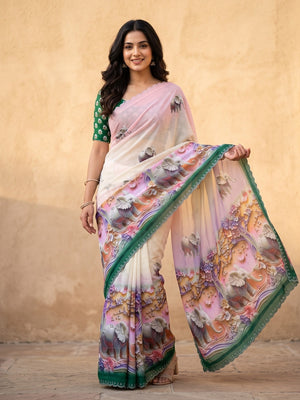 Peachmode Bottle Green Weightless Georgette Saree With 3D Elephant Digital Print And Stone Work Border - Image 1