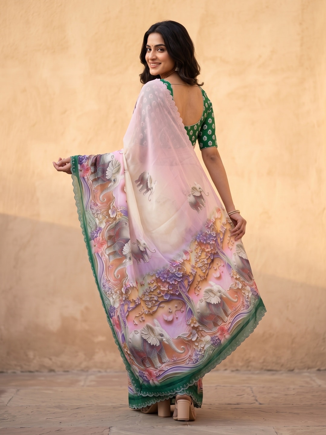 Peachmode Bottle Green Weightless Georgette Saree With 3D Elephant Digital Print And Stone Work Border - Image 2