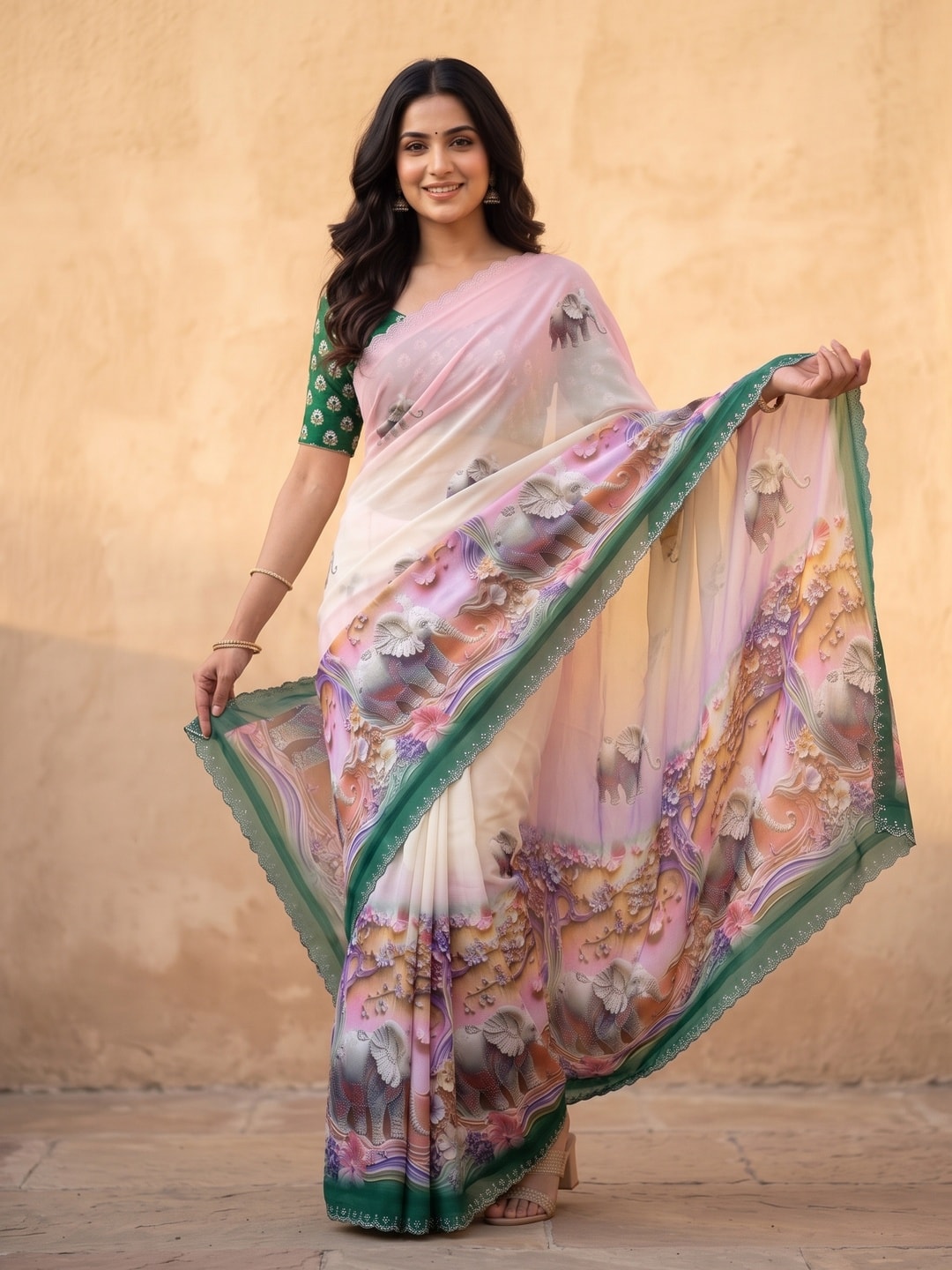 Peachmode Bottle Green Weightless Georgette Saree With 3D Elephant Digital Print And Stone Work Border - Image 4