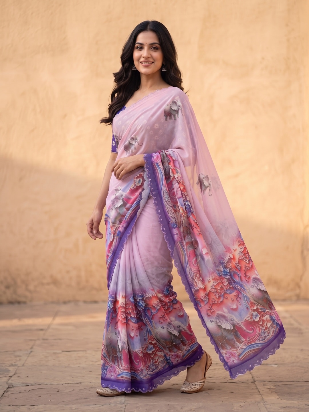 Peachmode Purple Weightless Georgette Saree With 3D Elephant Digital Print And Stone Work Border - Image 3