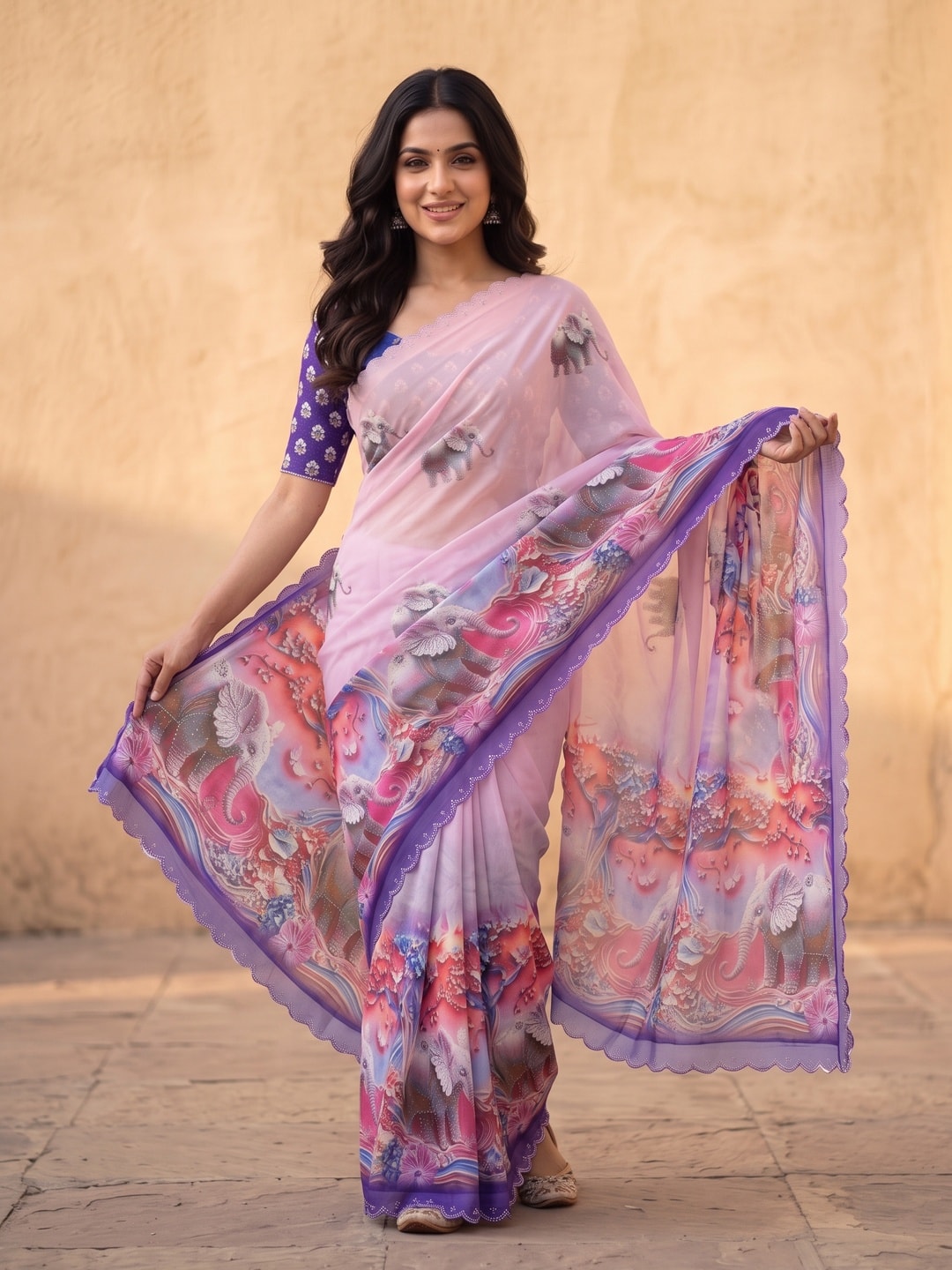 Peachmode Purple Weightless Georgette Saree With 3D Elephant Digital Print And Stone Work Border - Image 4