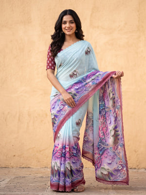 Peachmode Maroon Weightless Georgette Saree With 3D Elephant Digital Print And Stone Work Border - Image 1