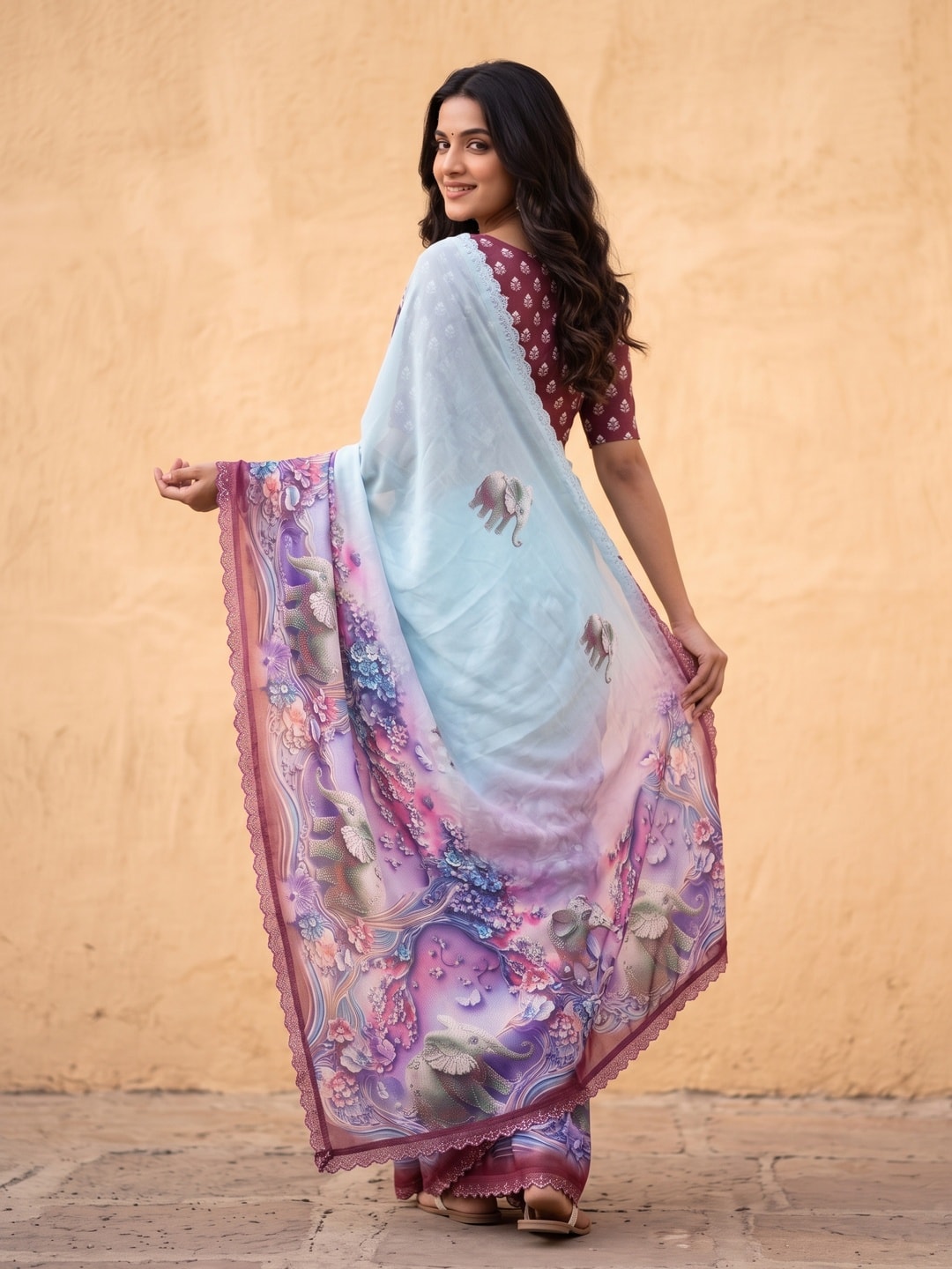 Peachmode Maroon Weightless Georgette Saree With 3D Elephant Digital Print And Stone Work Border - Image 2