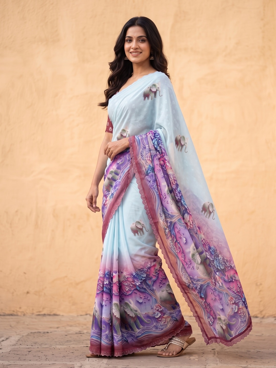Peachmode Maroon Weightless Georgette Saree With 3D Elephant Digital Print And Stone Work Border - Image 3