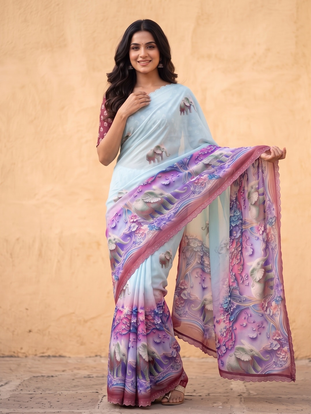 Peachmode Maroon Weightless Georgette Saree With 3D Elephant Digital Print And Stone Work Border - Image 4
