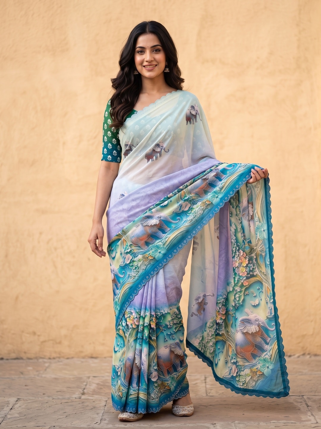 Peachmode Peacock Blue Weightless Georgette Saree With 3D Elephant Digital Print And Stone Work Border - Image 1