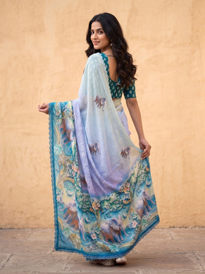 Peachmode Peacock Blue Weightless Georgette Saree With 3D Elephant Digital Print And Stone Work Border - Image 2
