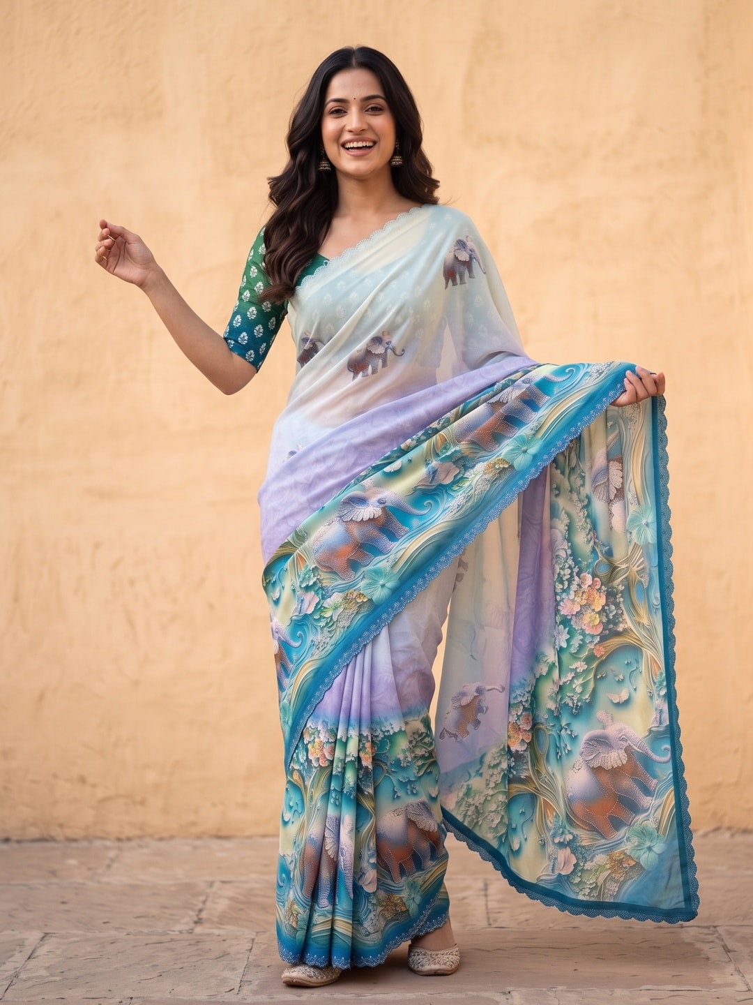 Peachmode Peacock Blue Weightless Georgette Saree With 3D Elephant Digital Print And Stone Work Border - Image 4