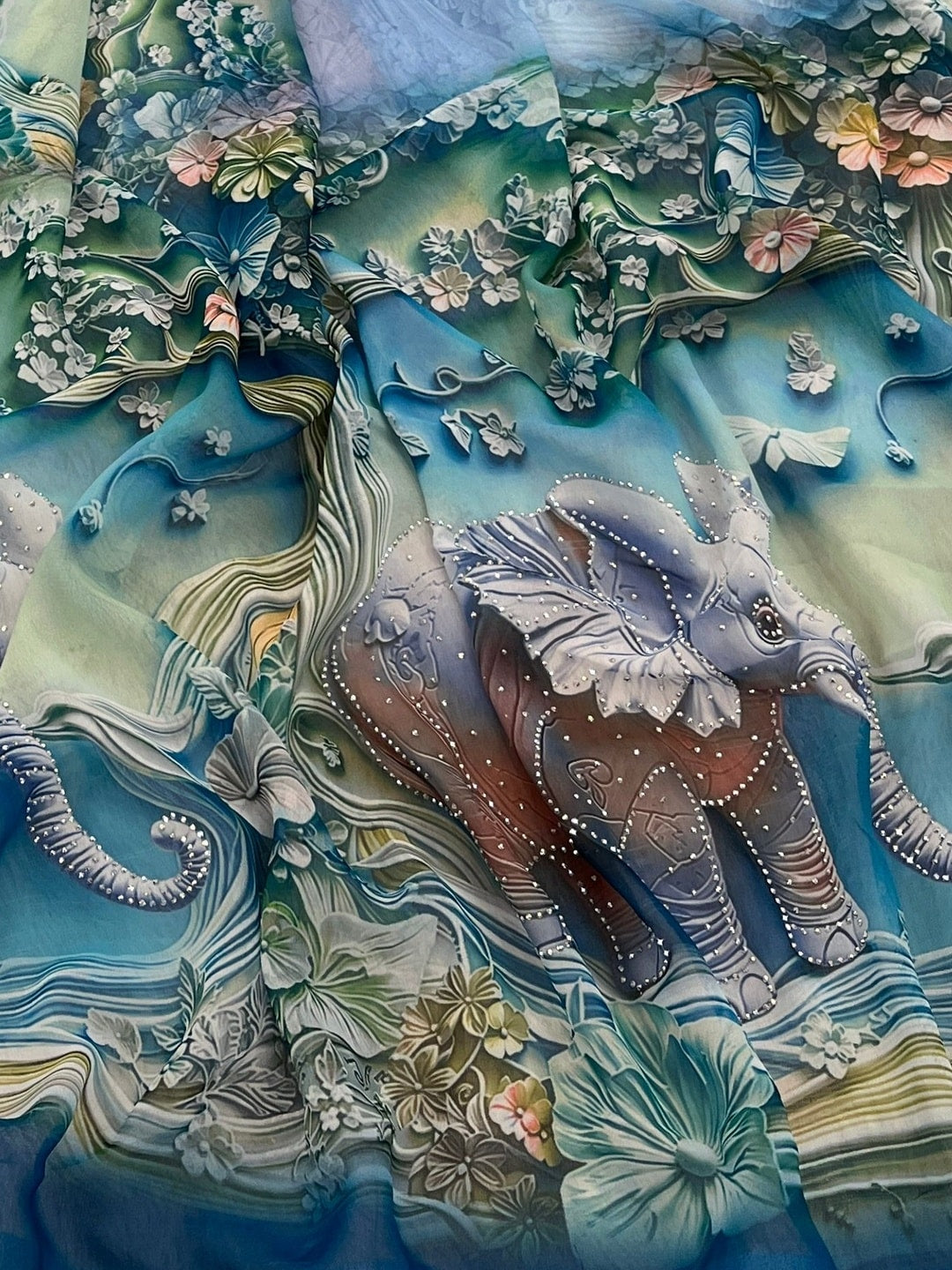 Peachmode Peacock Blue Weightless Georgette Saree With 3D Elephant Digital Print And Stone Work Border - Image 5